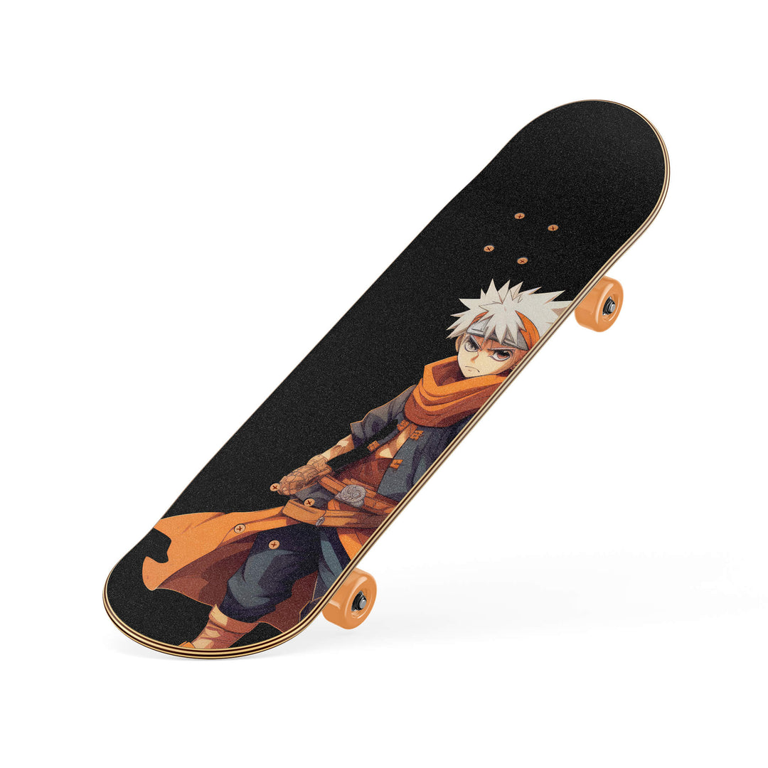 Skateboard with high-quality grip tape featuring Japanese anime character in fighting stance. Artwork from slanted perspective.