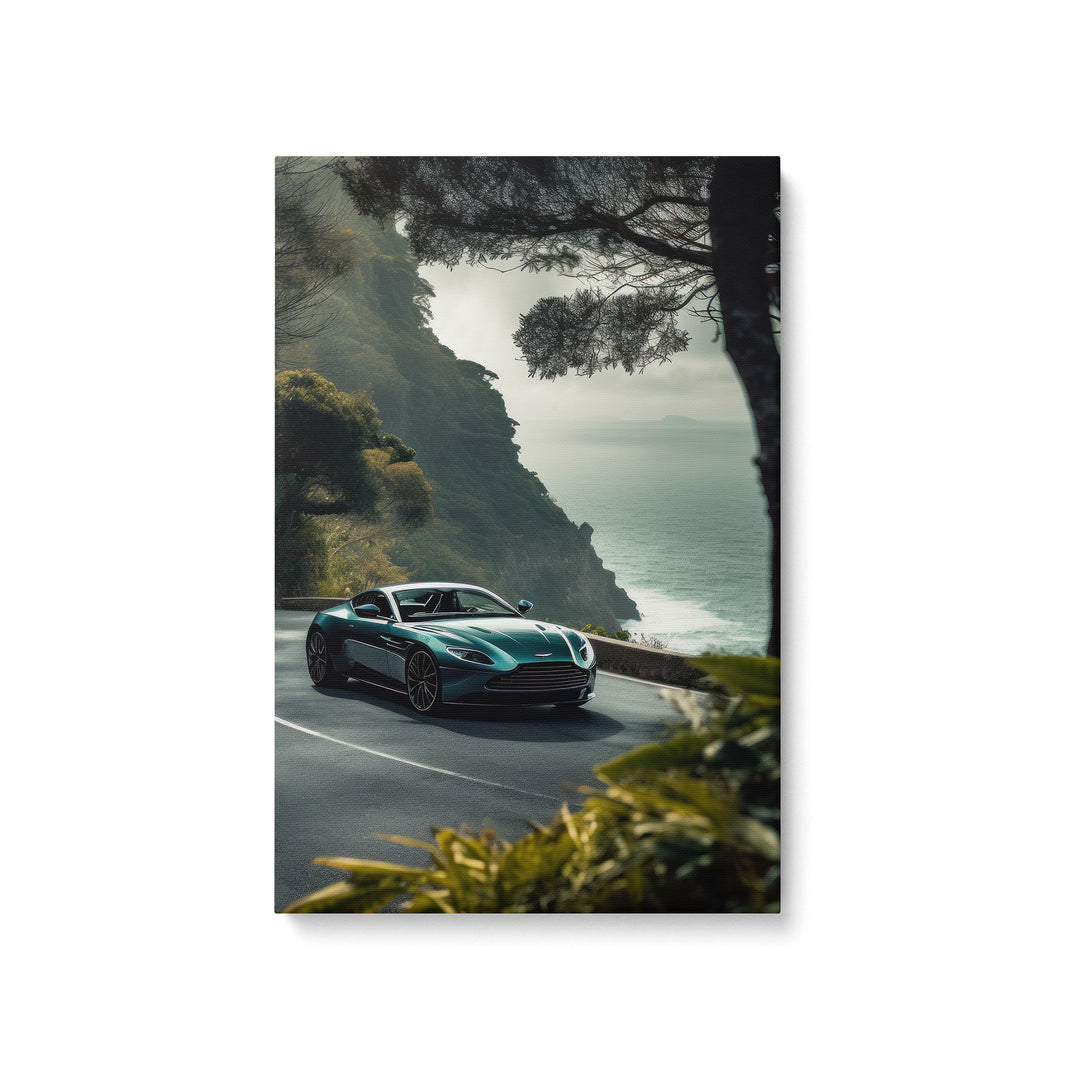 High-quality canvas print of a sleek green Aston Martin on a Hawaiian coastal road, mounted on 1.5” stretcher bars.