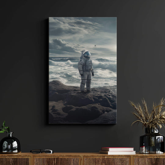 Canvas print of an astronaut by the ocean on an alien planet, shimmering ocean on an uncharted planet, perfect for home decor.