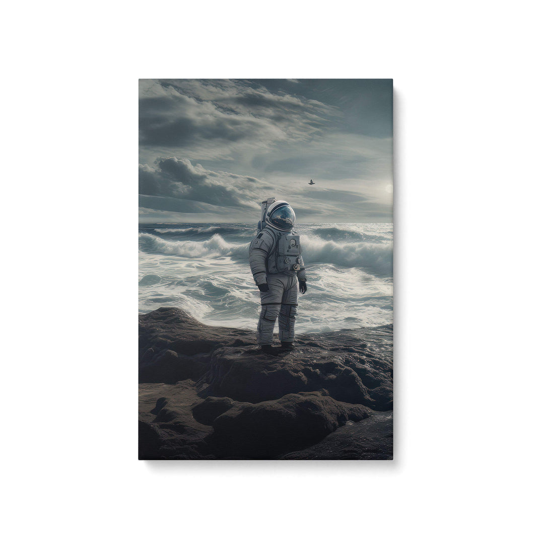 High-quality canvas print of an astronaut by the ocean on an alien planet, mounted on 1.5" stretcher bars.