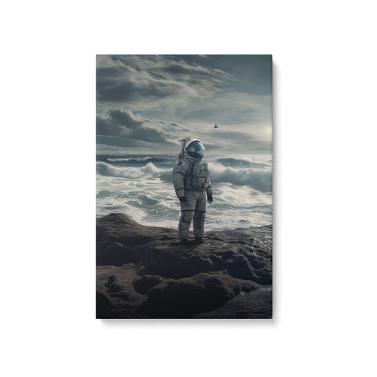 High-quality canvas print of an astronaut by the ocean on an alien planet, mounted on 1.5" stretcher bars.