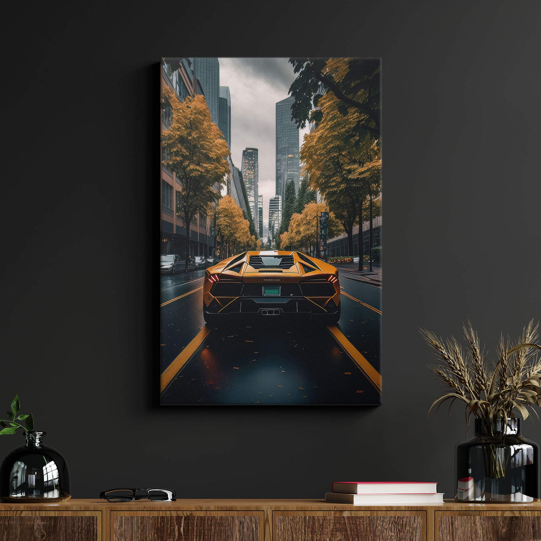 Add a touch of autumn luxury to your space with a high-quality canvas print of yellow Lamborghini against city skyline.