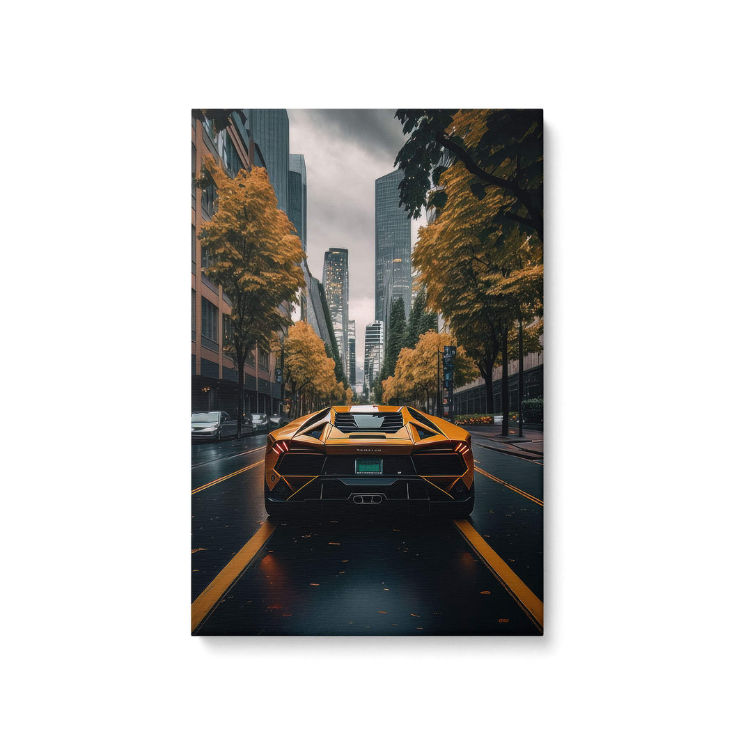Luxury autumn décor with high-quality canvas print of iconic yellow Lamborghini on 1.5” stretcher bars.