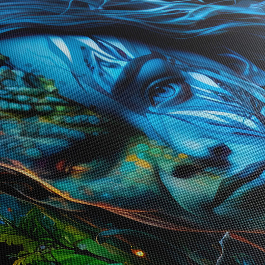 Close up of textured canvas material on Avatar 2 canvas print, showcasing high quality detail, and vibrant colors.