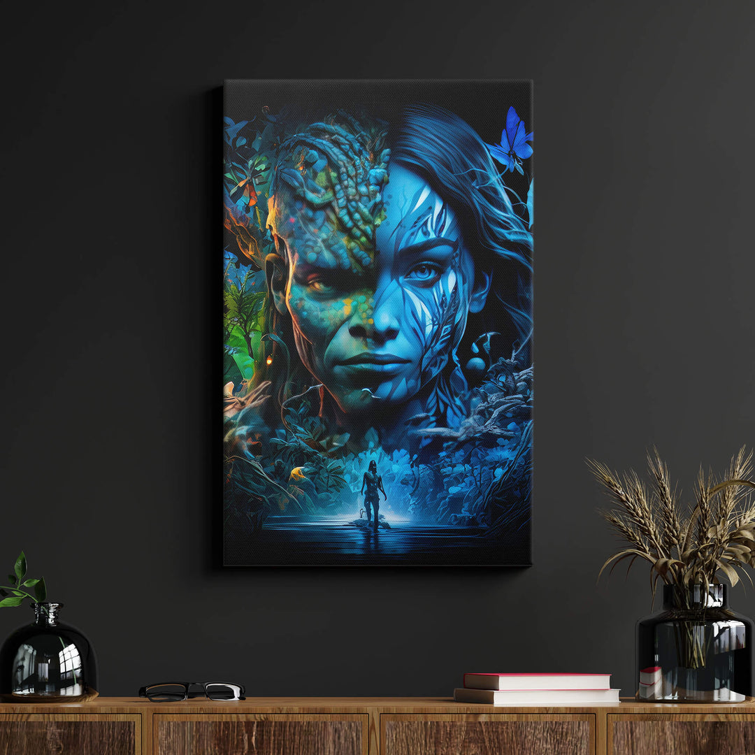 Stunning Avatar 2 canvas print on black wall above wood desk, with bright colors that captivate action and thrill.