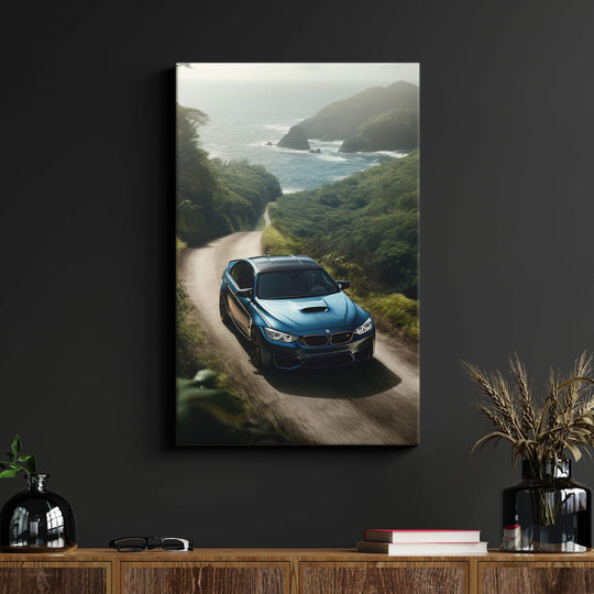 A striking BMW M3 canvas print mounted on 1.5" stretcher bars, perfect for adding a touch of adventure to any living space.