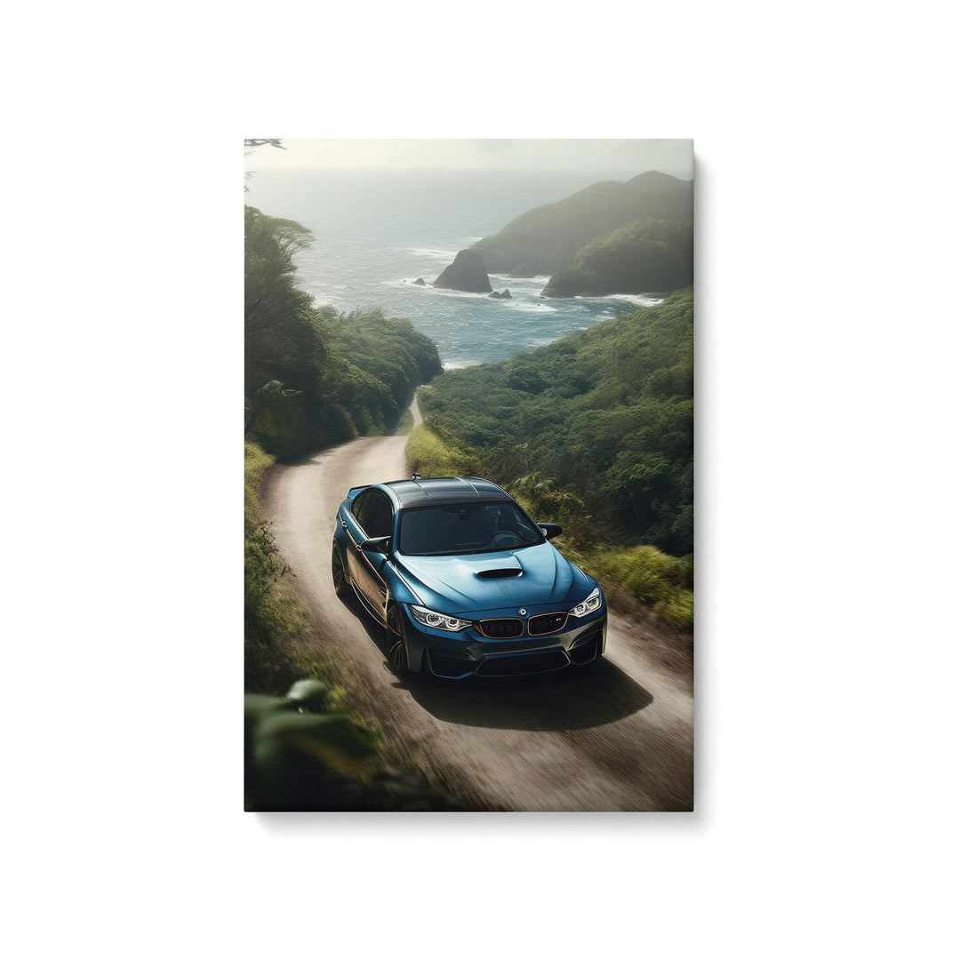 High-quality canvas print of a wild BMW M3 tearing up coastal roads, capturing the sun-soaked wilderness in Hawaii.