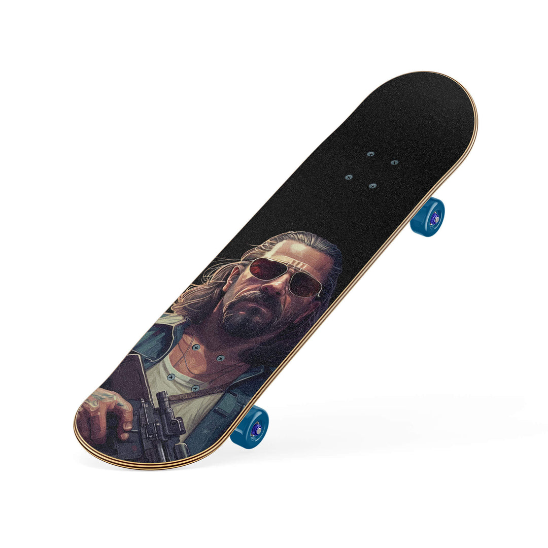 Slanted view of skateboard with The Dude holding a machine gun design, featuring natural lighting colors and a dark mood.
