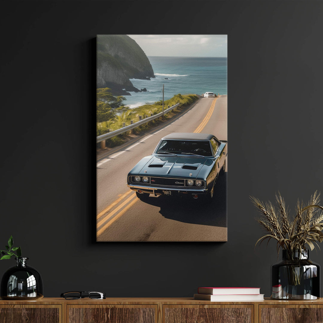 Canvas print of a black 1970 Dodge Charger RT on a sunny California day, mounted on 1.5" stretcher bars.