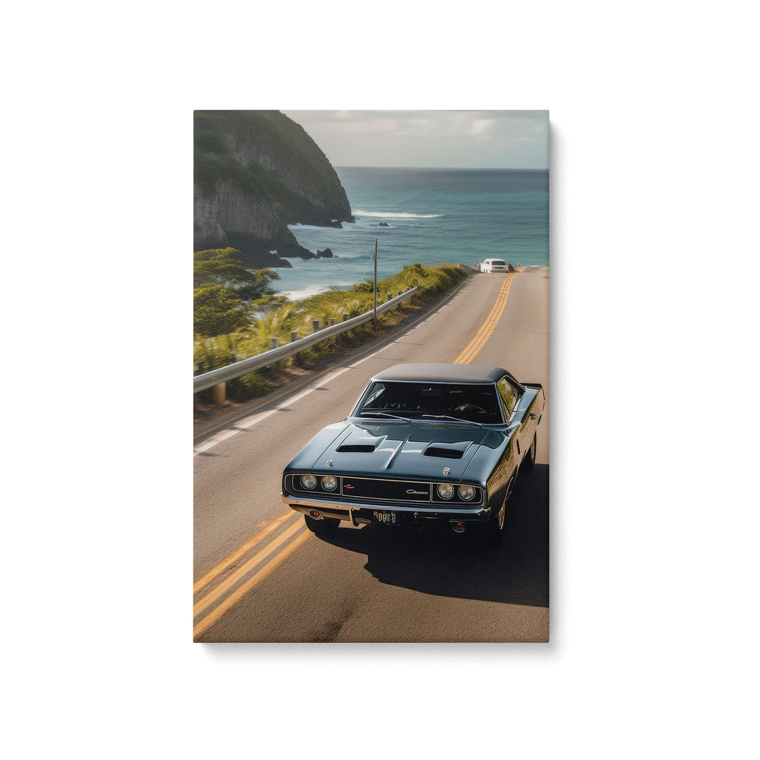 High-quality canvas print of a black 1970 Dodge Charger RT driving along the Pacific Ocean in California.