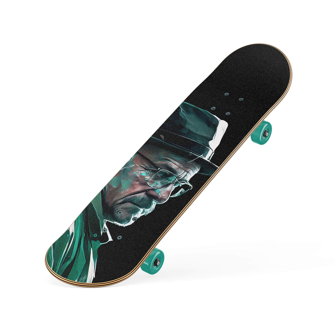 Skateboard with high-quality grip tape featuring hand-drawn artwork of Walter White from Breaking Bad. Artwork from slanted perspective.