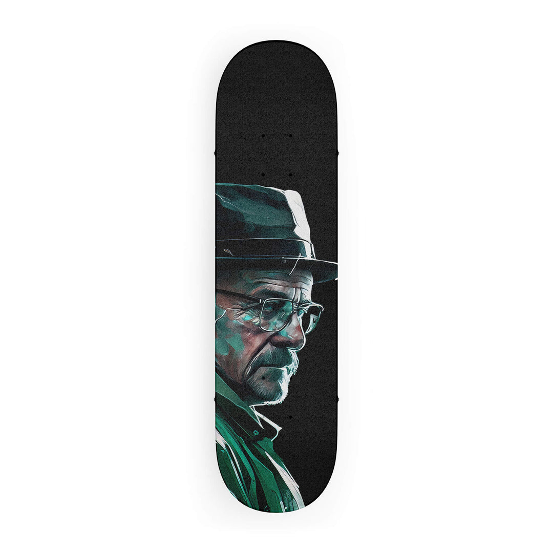 High-quality Skateboard Grip tape featuring hand-drawn artwork of Walter White from Breaking Bad. Artwork from top-down perspective.