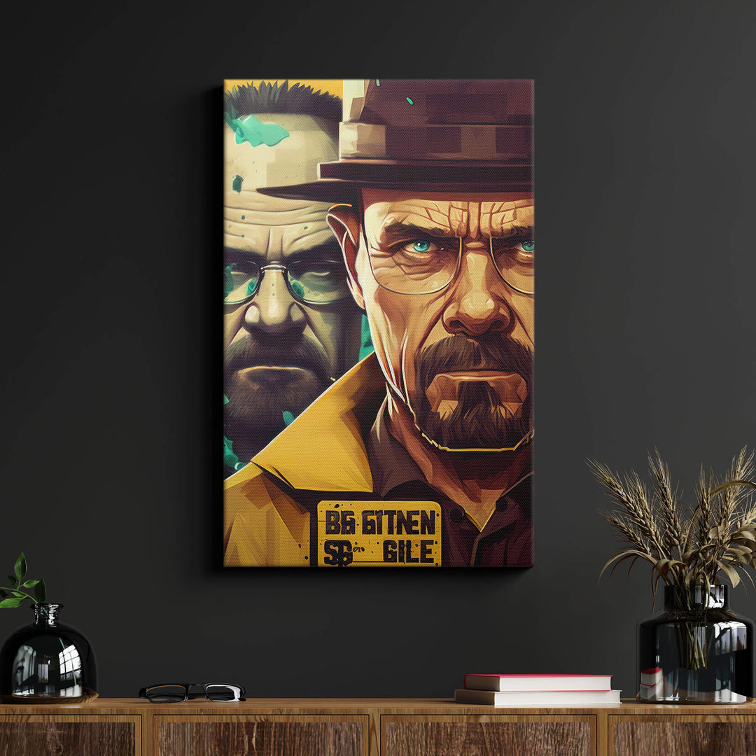 Character-filled Walter White canvas art displayed on a black wall above a wooden desk in a living room.
