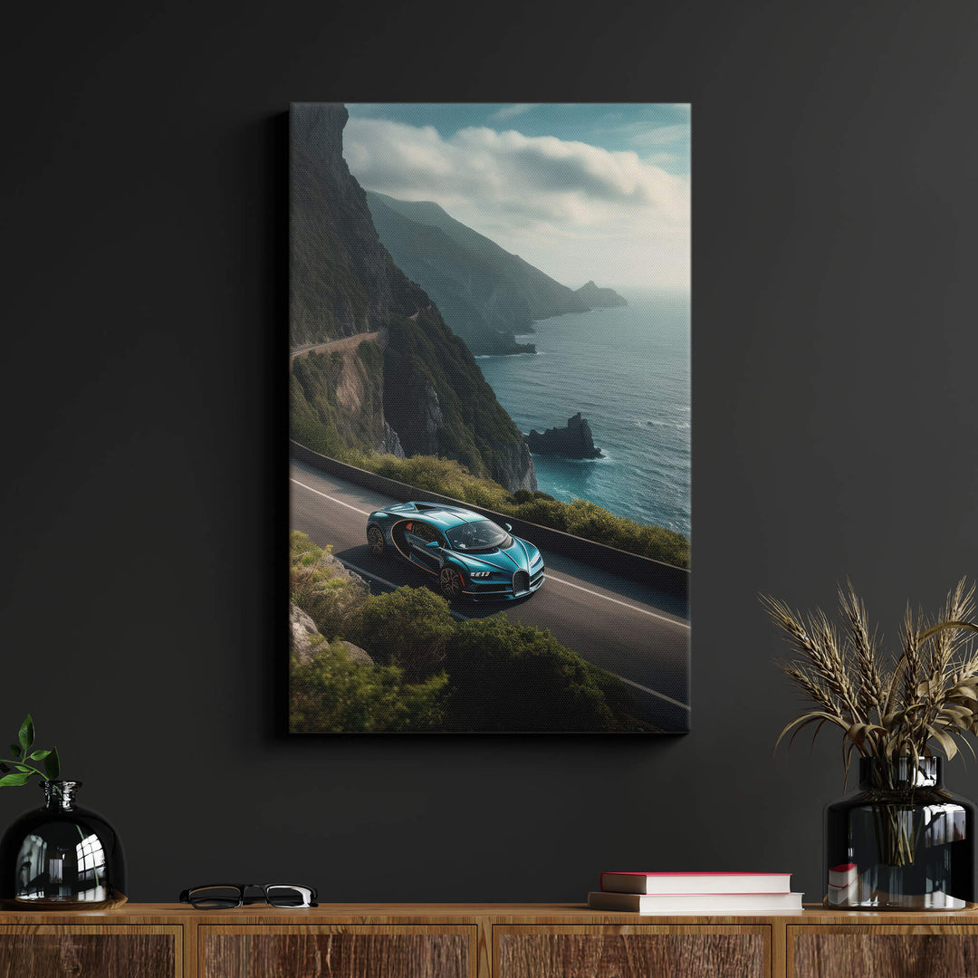 The bright and sunny Bugatti Chiron canvas print exhibits the image of a luxury car on a paved tropical beach road.