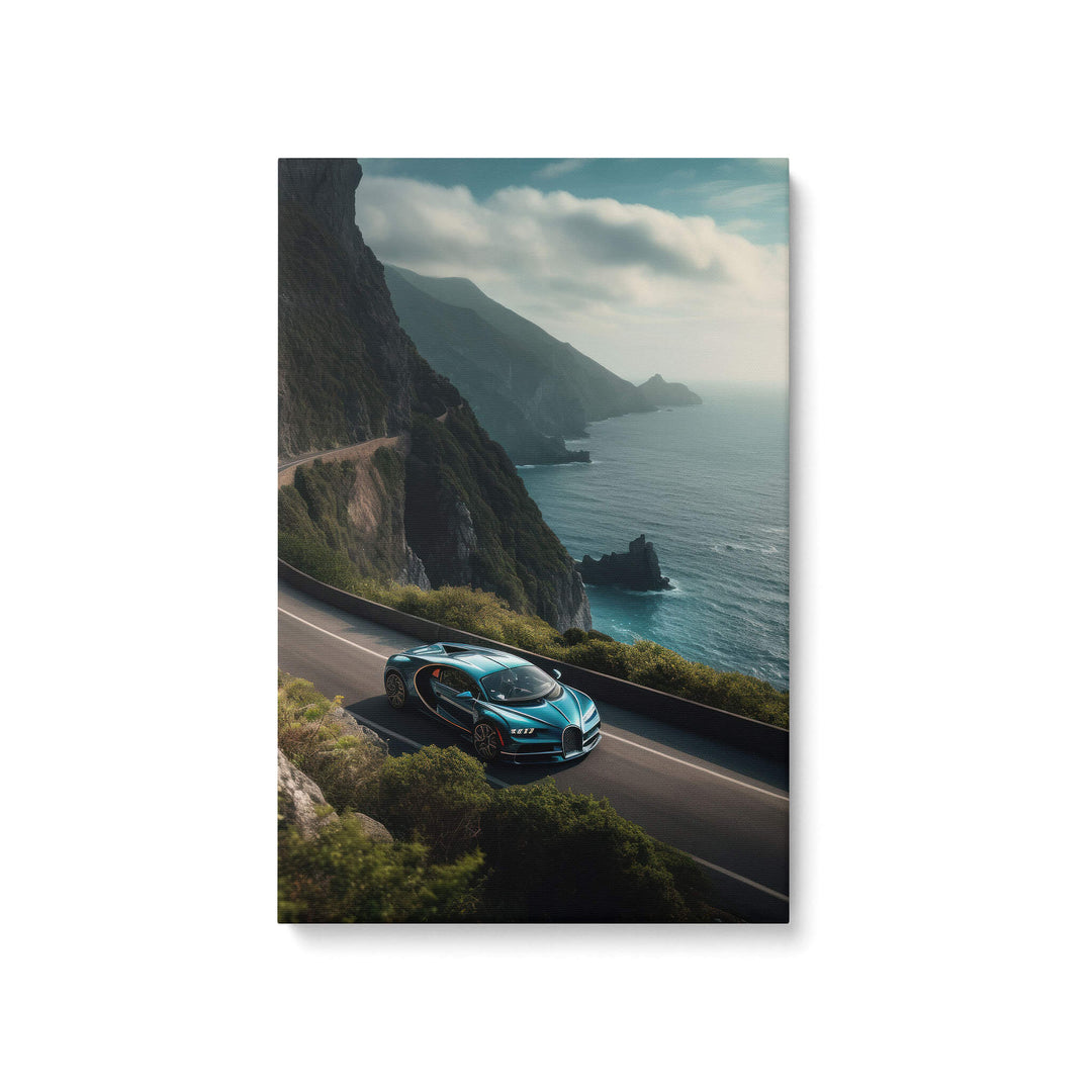 High-quality canvas print of a blue Bugatti Chiron with vibrant orange accents on a paved tropical beach road.