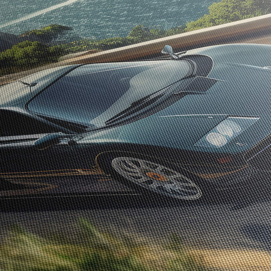 Close-up image of the canvas print, highlighting the texture of the canvas material and the intricate details of the car.