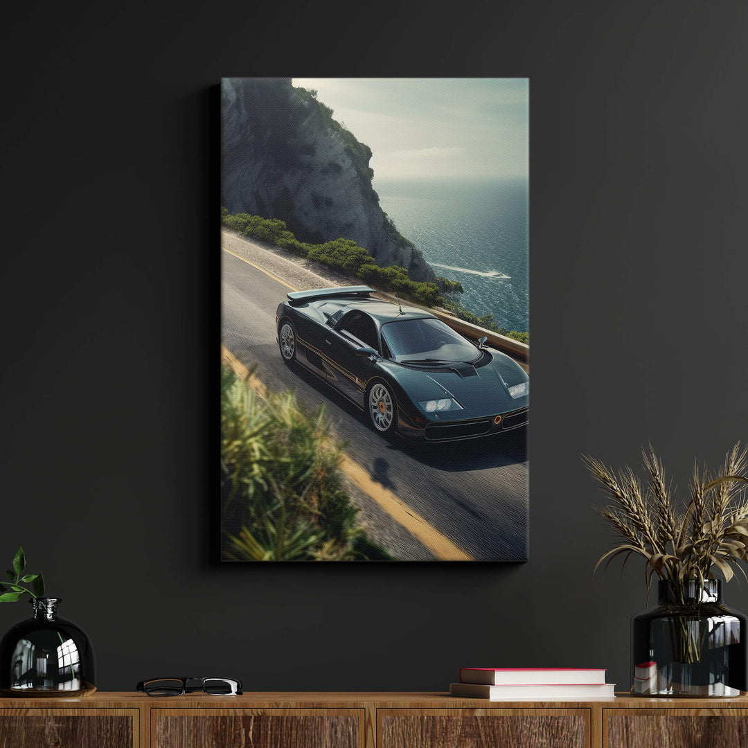 Supercar enthusiast's dream come true! This canvas print of a Bugatti EB110 Super Sport on a black wall is a statement piece.