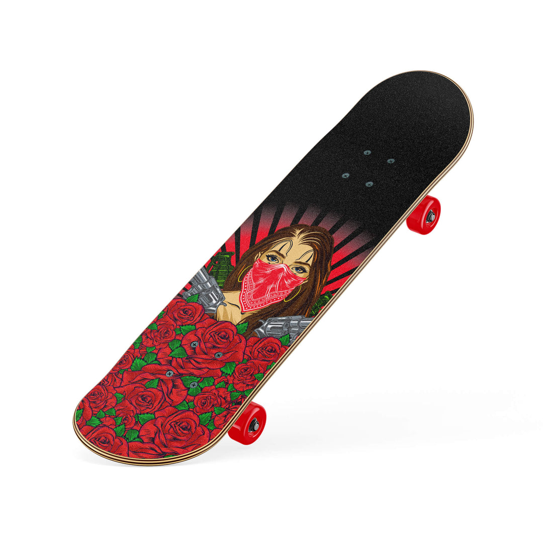 Fierce woman holding two revolvers featured on a high quality Skateboard with summer vibe, in bright reds.