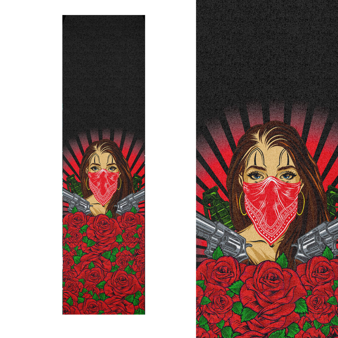 Detailed image of quality Skateboard Grip tape, uncut to show differential sizings, with Chicano art revolvers & roses in bright reds.
