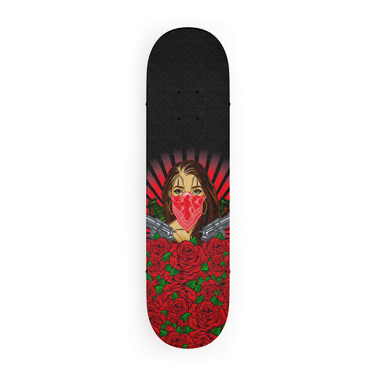 High quality Skateboard Grip tape featuring Chicano art revolvers & roses, in bright reds a woman holding two revolvers.