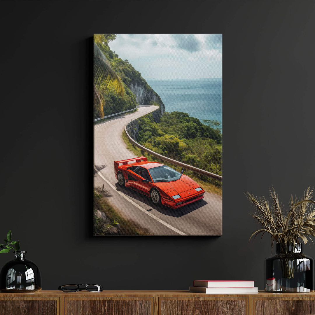 High quality canvas print of Red Cizeta V16T on black wall in living room. Bright and vibrant summer vibes.
