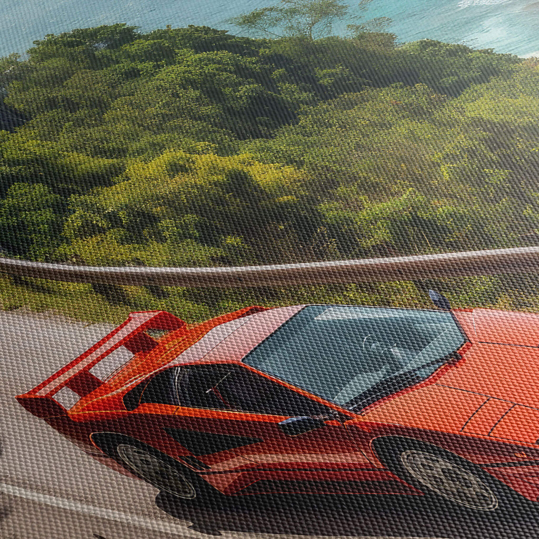Close up of canvas print texture, highlighting the vibrant red of the Red Cizeta V16T, stunning ocean side view.