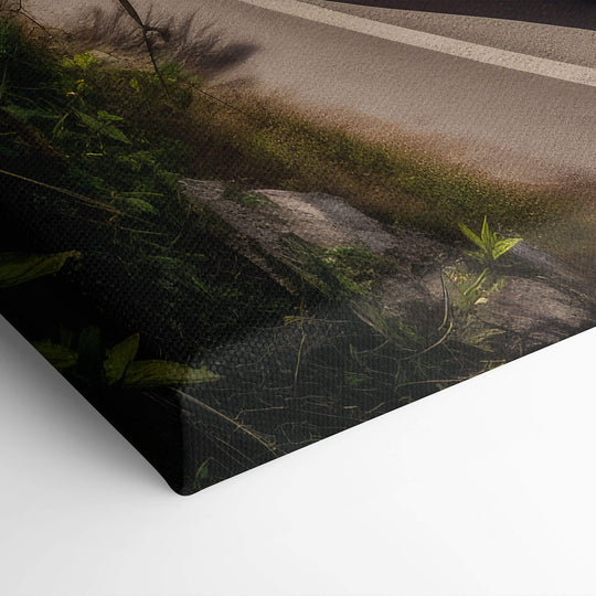 Elevated view of canvas print corner, showcasing the 540 horsepower car driving down cliff-side roads on the high quality.