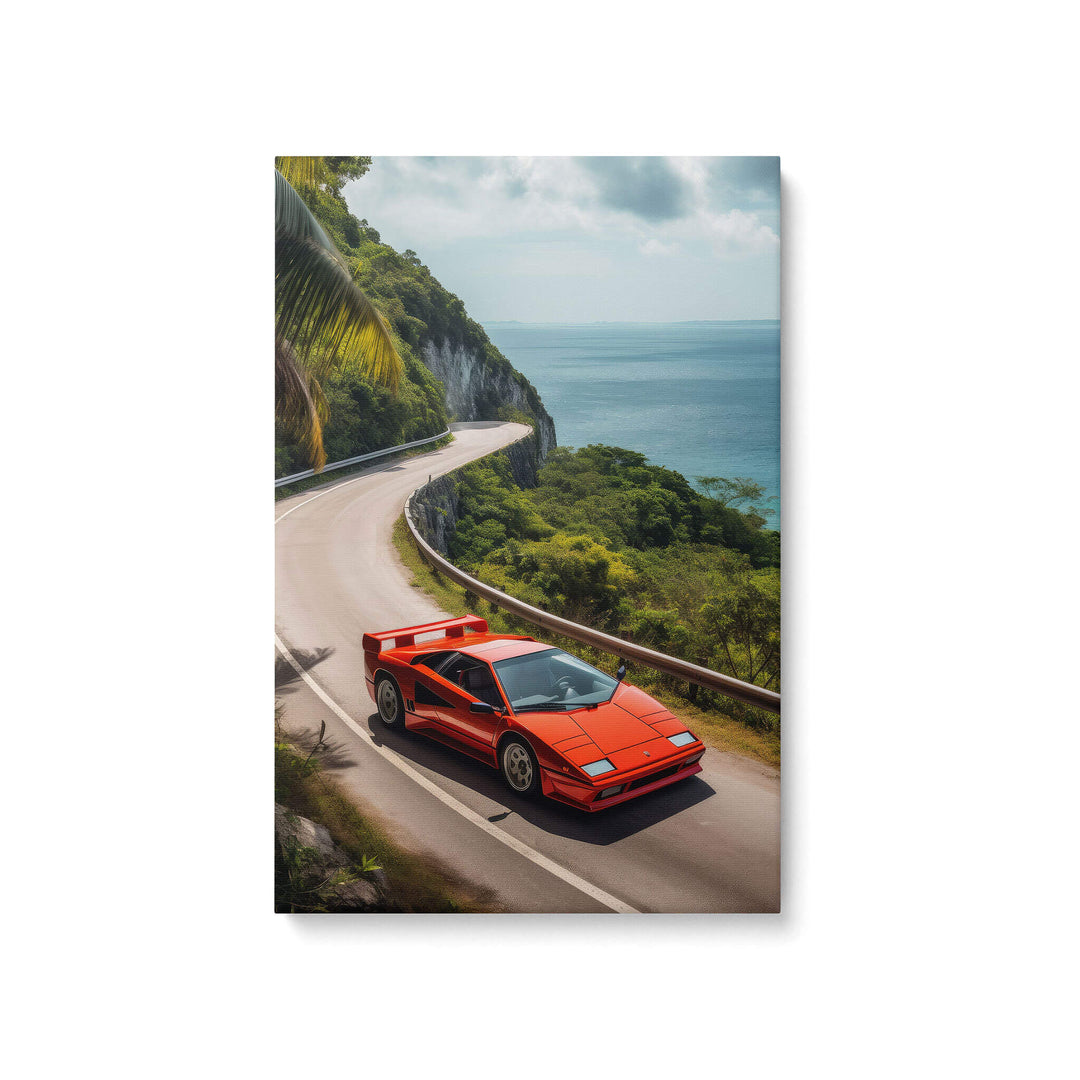 Red Cizeta V16T cruising on sunny California roads with ocean in background. High quality canvas print.