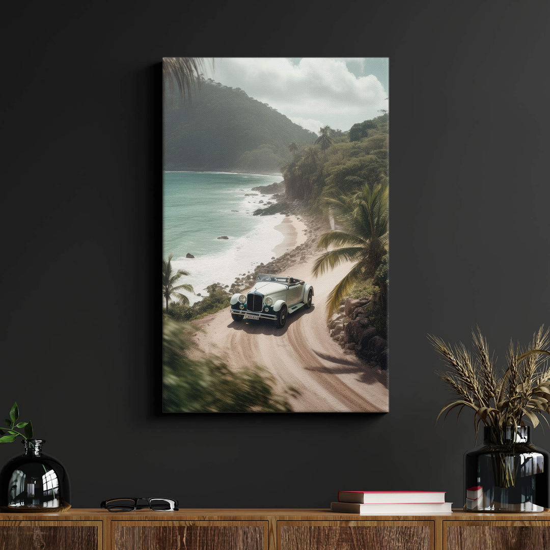 Elevate your living room with this stunning canvas print of a vintage Bentley driving on scenic Hawaiian country roads.