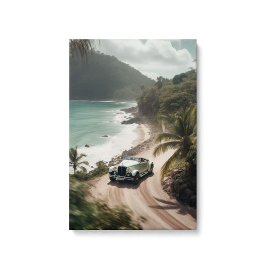 High quality canvas print of a restored Bentley driving on Hawaii's coastal dirt roads with sunny, warm, and adventure vibes.