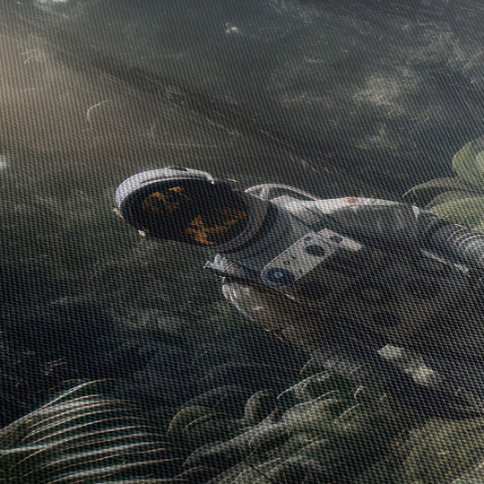 Detailed close-up of astronaut in a jungle on a foreign planet canvas print. High-quality texture and vivid colors.