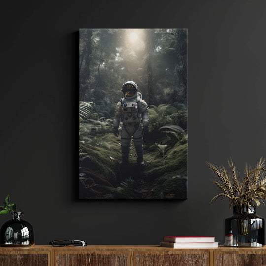 Astronaut in a jungle on a foreign planet canvas print on black wall. Perfect for modern living rooms.