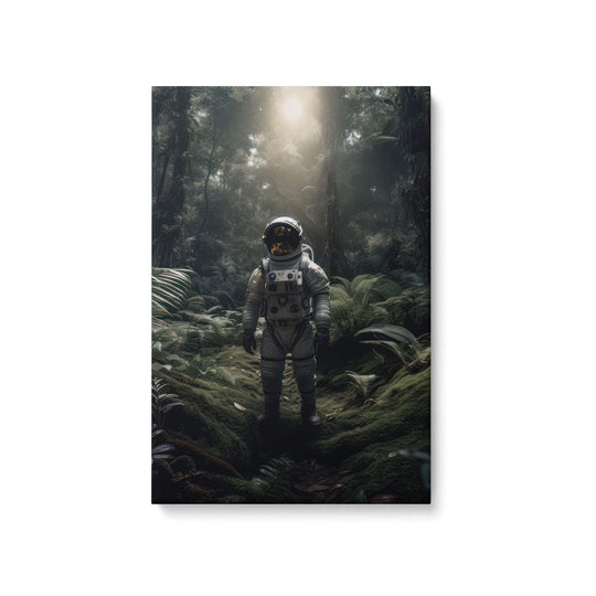 Stunning astronaut in a jungle on a foreign planet canvas print on white background. Ideal for space enthusiasts.
