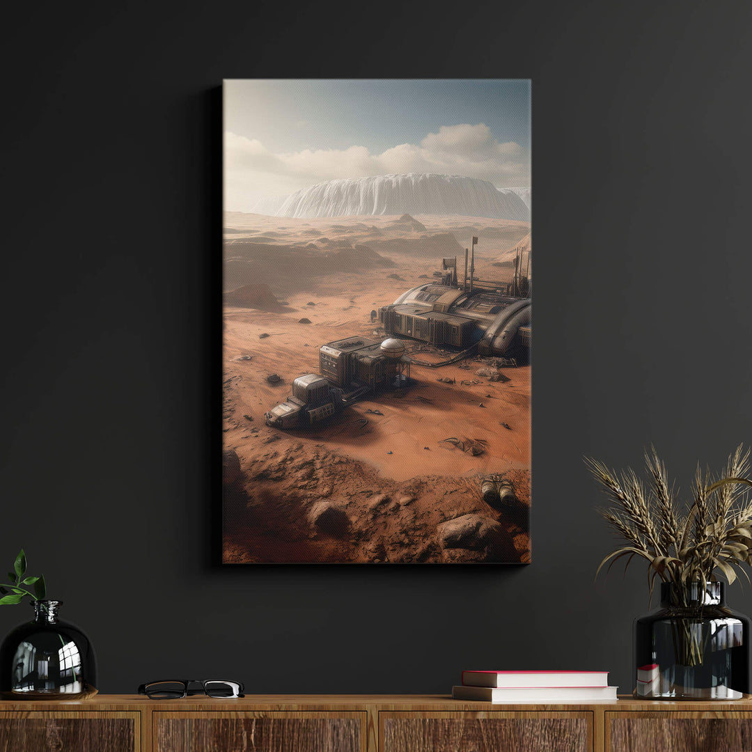 Mankind's boundless curiosity and ambition on display with a high-quality canvas print above a wood desk against a black wall.
