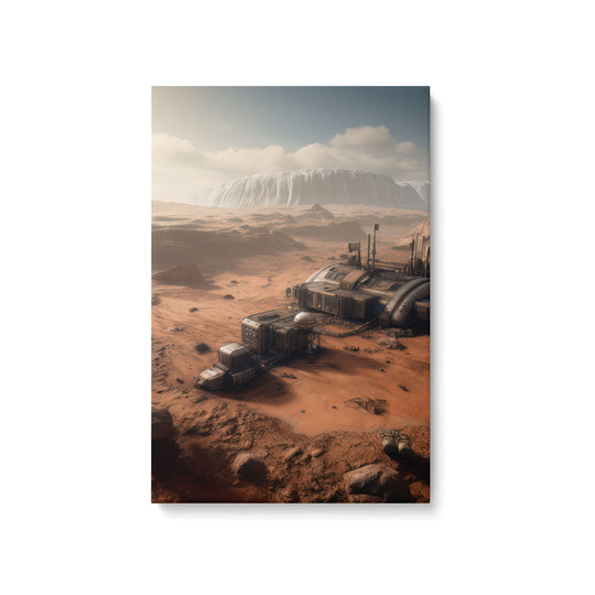 Thriving outpost on the red planet, with warm oranges and browns standing out against a white background.
