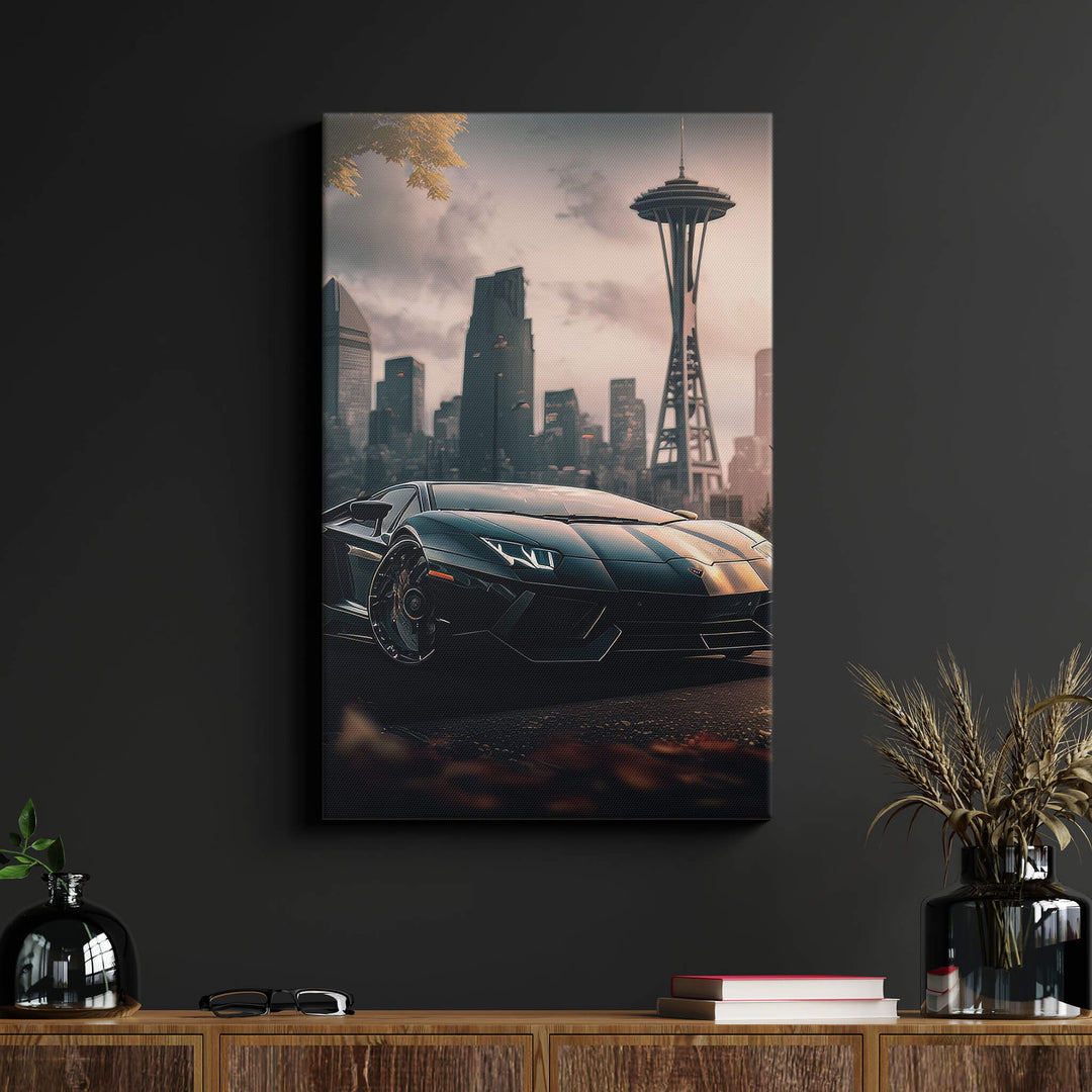 Stunning canvas print of a Lamborghini Aventador in Seattle, with cityscape in the background, perfect for any modern living space.