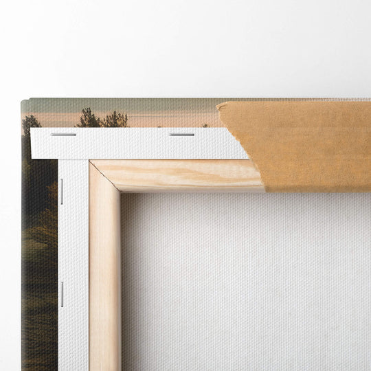 Close-up of the back of the canvas, showing the folded corners and the 1.5” stretcher bars, high quality textured canvas.