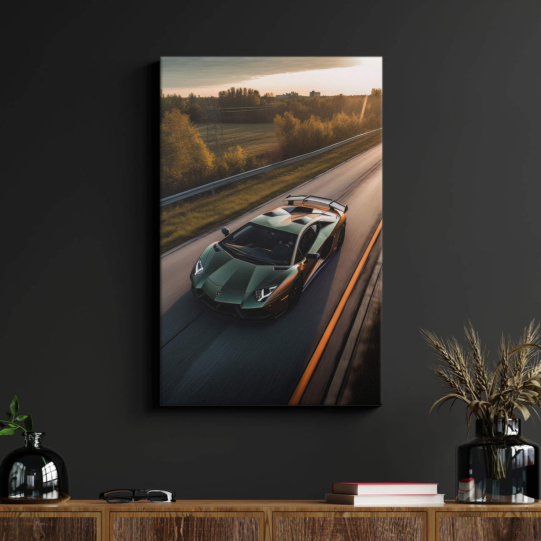 Stunning Green Lamborghini canvas print hanging on black wall in a stylish living room, or an office space.