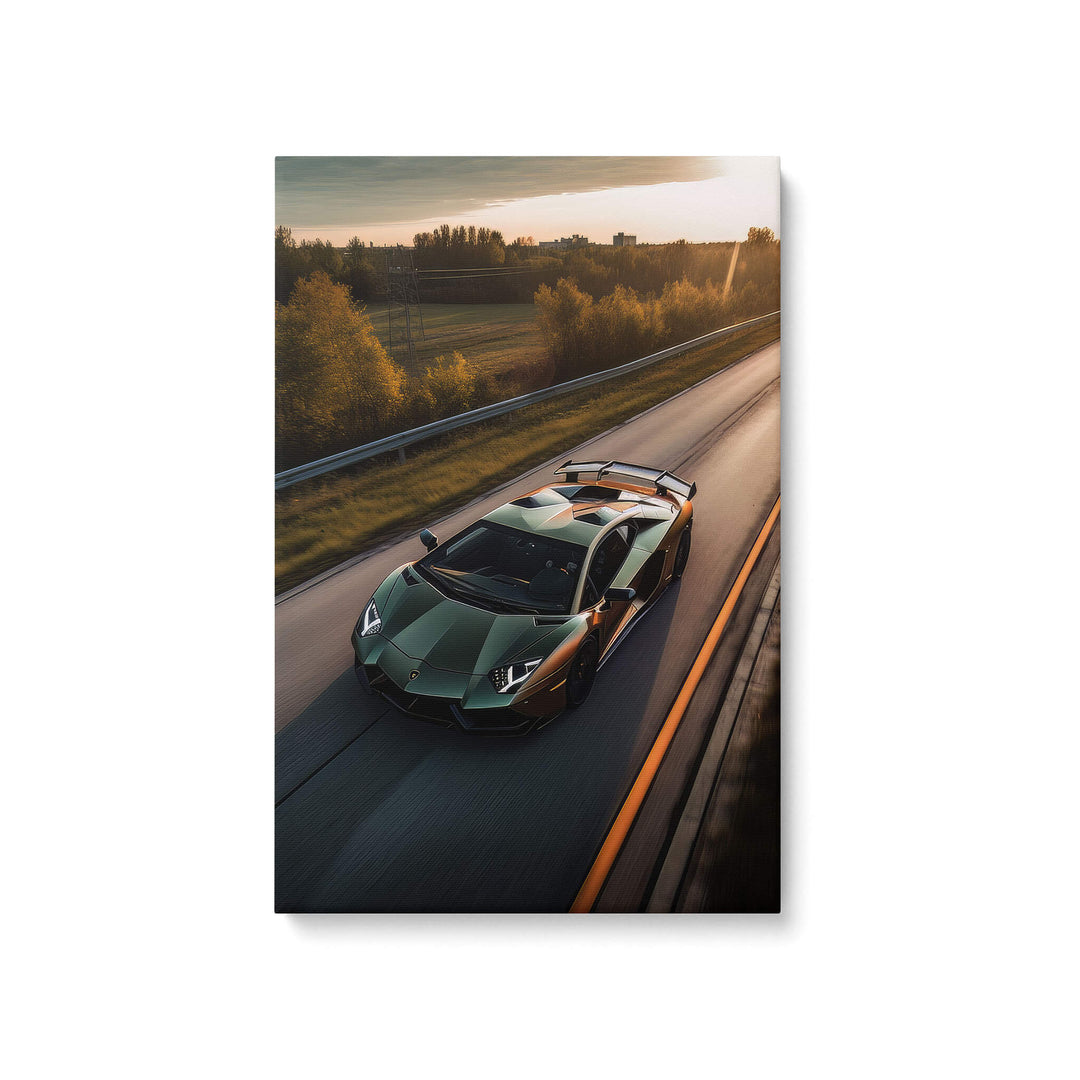Green Lamborghini speeding on a country road, the sun shining on its sleek exterior, beautiful angles of the sports car.