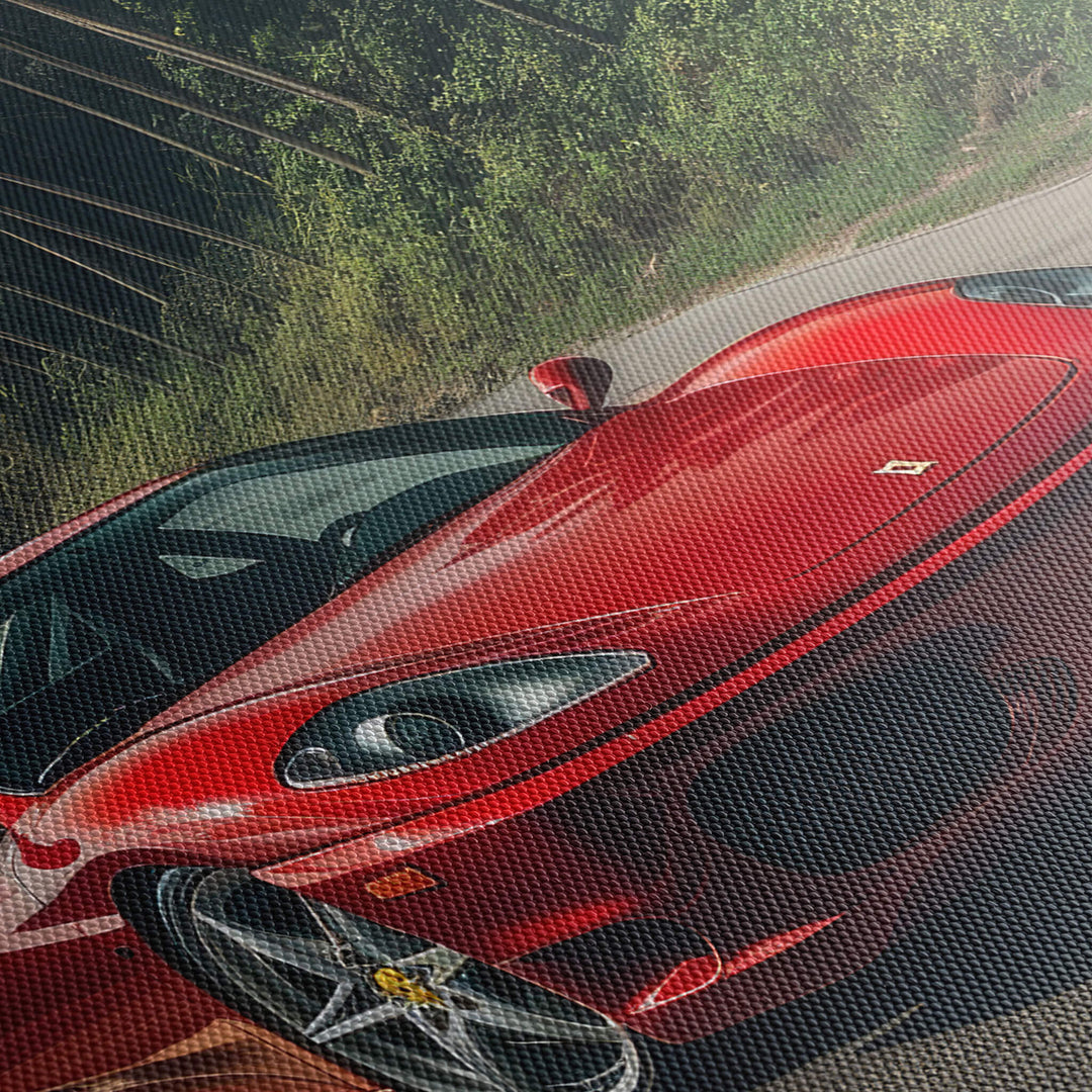 Close-up of the texture and detail of a high-quality canvas print of a bright red Ferrari 360 Modena on 1.5” stretcher bars.