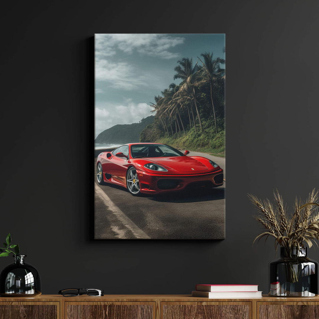 High-quality canvas print of a red Ferrari 360 Modena on 1.5” stretcher bars, mounted on black wall above wood desk in living room.