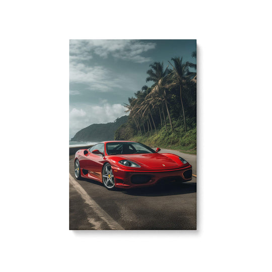 Bright red Ferrari 360 Modena canvas print on 1.5” stretcher bars, parked along the stunning Hawaii coastal road.