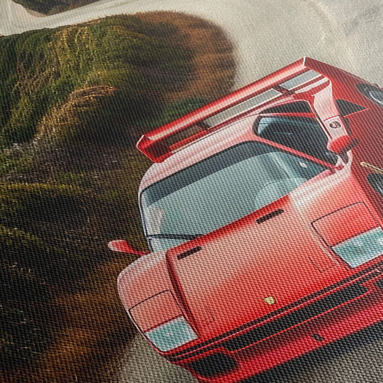 Close-Up of Ferrari F40 Canvas Print - High Quality Detail, Textured Canvas Material, stunning red colors off the car.