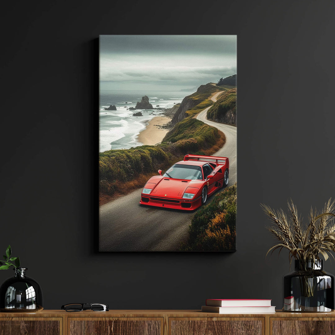 Stunning canvas print of Ferrari F40 on black wall, adding a touch of sophistication to your living space
