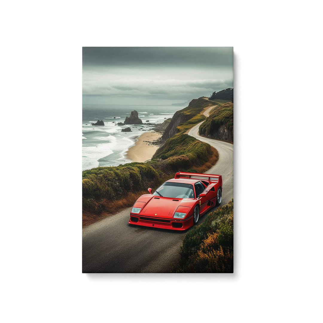 High-quality canvas print of a Ferrari F40 on a tropical beach road, vibrant red car against cloudy sky