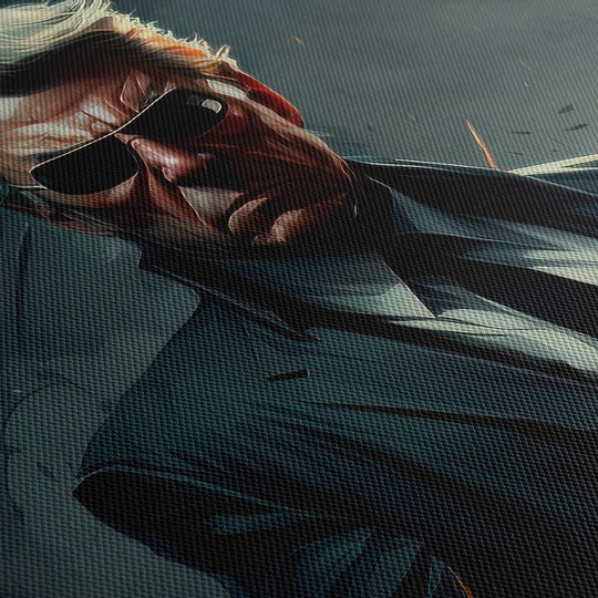 Close-up of the canvas print displaying the texture and detail of the canvas material, featuring Donald Trump in Men in Black.
