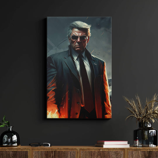 Canvas print of Donald Trump in men in black on a black wall above a wood desk in a living room, perfect for office space.