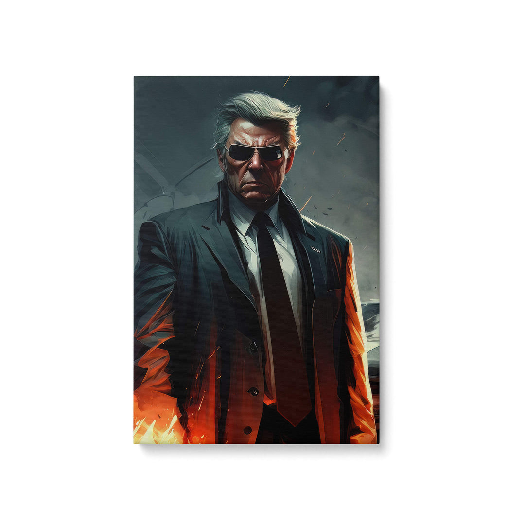 High quality canvas print of Donald Trump in Men in Black, wearing sleek black suit and alien-fighting gear, on a white background.