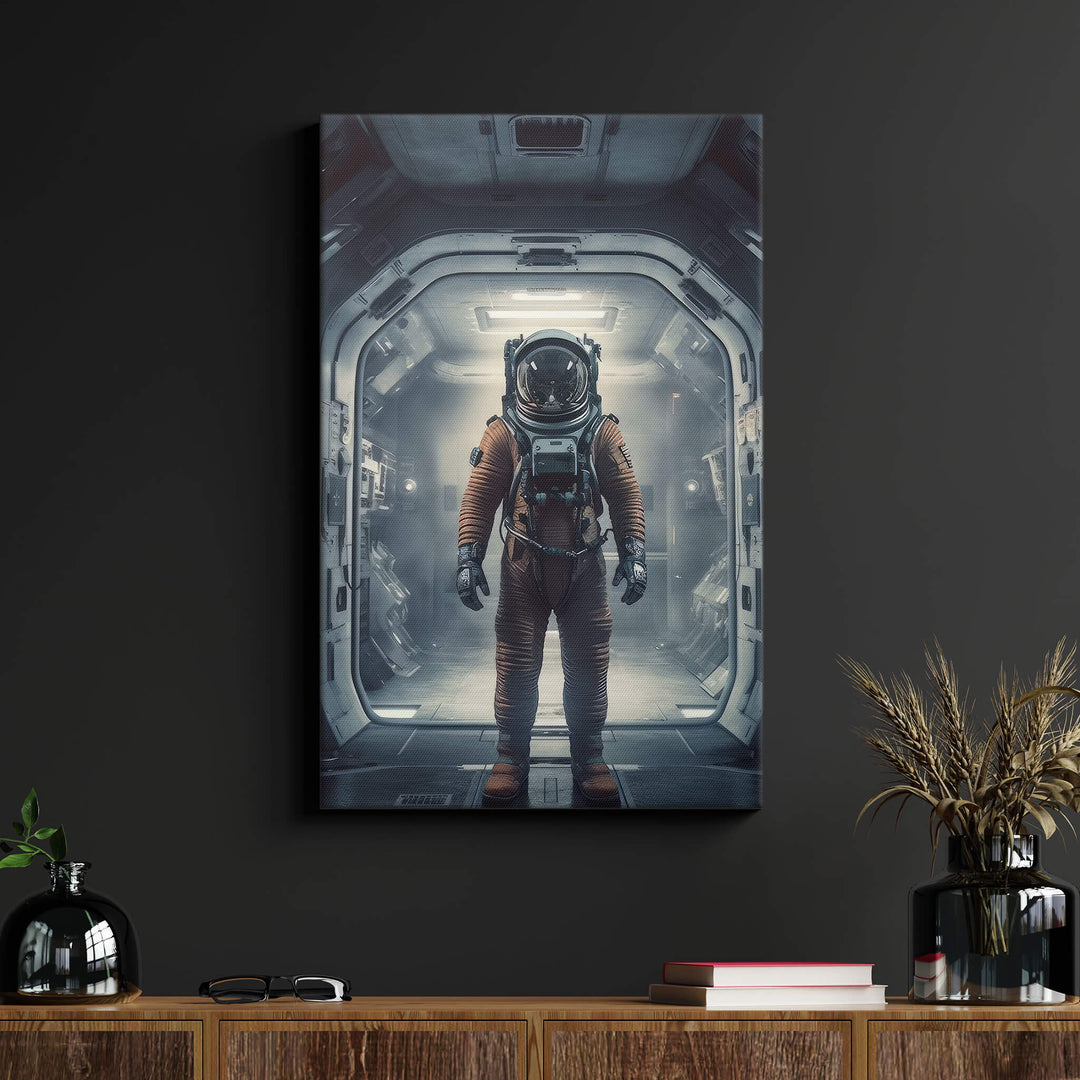 Bright and colorful astronaut in space, ready for adventure, displayed on a black wall in a living room.