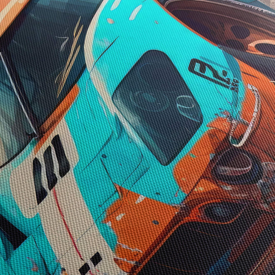 Close-up of the canvas print texture, showcasing the high quality detail of the iconic Ford GT40 in Gulf livery.